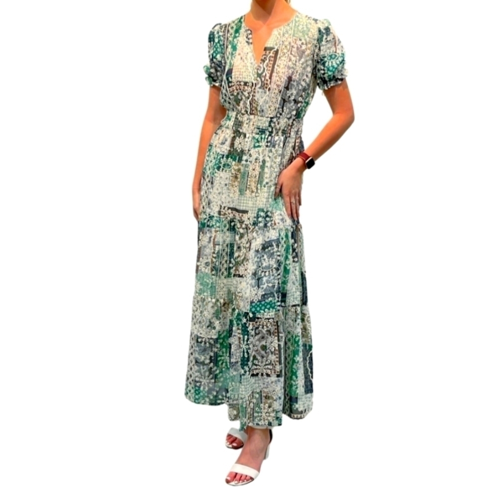 Atelier green multi patchwork print eyelet tiered short sleeve dress